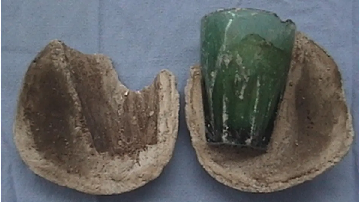 Ein Glas in einem Blasenstein, das noch fast intakt ist.