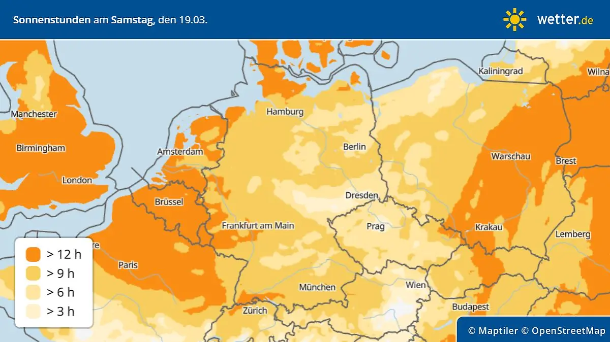 Die Grafik zeigt die Sonnenstunden in Deutschland am Samstag.