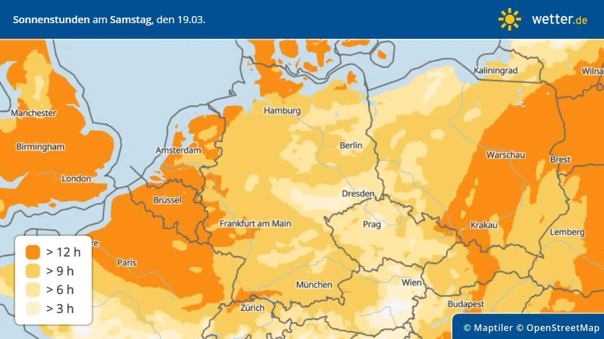 Die Grafik zeigt die Sonnenstunden in Deutschland am Samstag.
