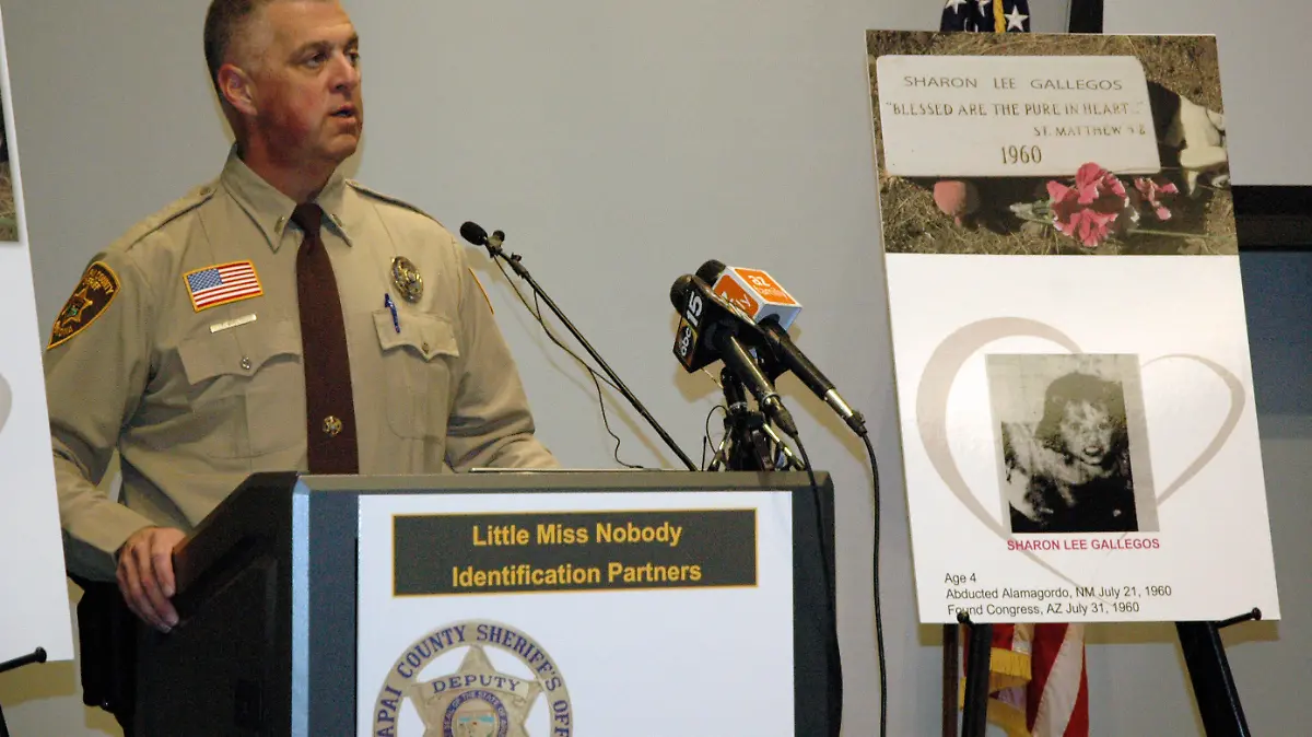 Yavapai County Sheriff's Lt. Tom Boelts speaks about the identification of a little girl dubbed "Little Miss Nobody," during a news conference in Prescott, Ariz., Tuesday, March 15, 2022. The Yavapai County Sheriff's office said the previously unidentified little girl whose burned remains were found more than 60 years earlier in the Arizona desert was 4-year-old Sharon Lee Gallegos, of New Mexico. The child's remains were found on July 31, 1960, partially buried in a wash in Congress, Arizona. (Doug Cook/The Daily Courier via AP)