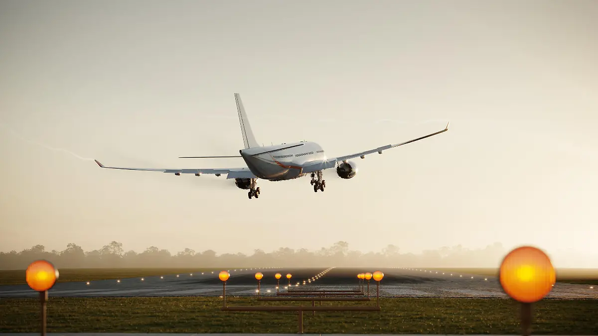 Computer generated image of a passenger airplane landing on airstip. Aircraft landing on runway in morning.
