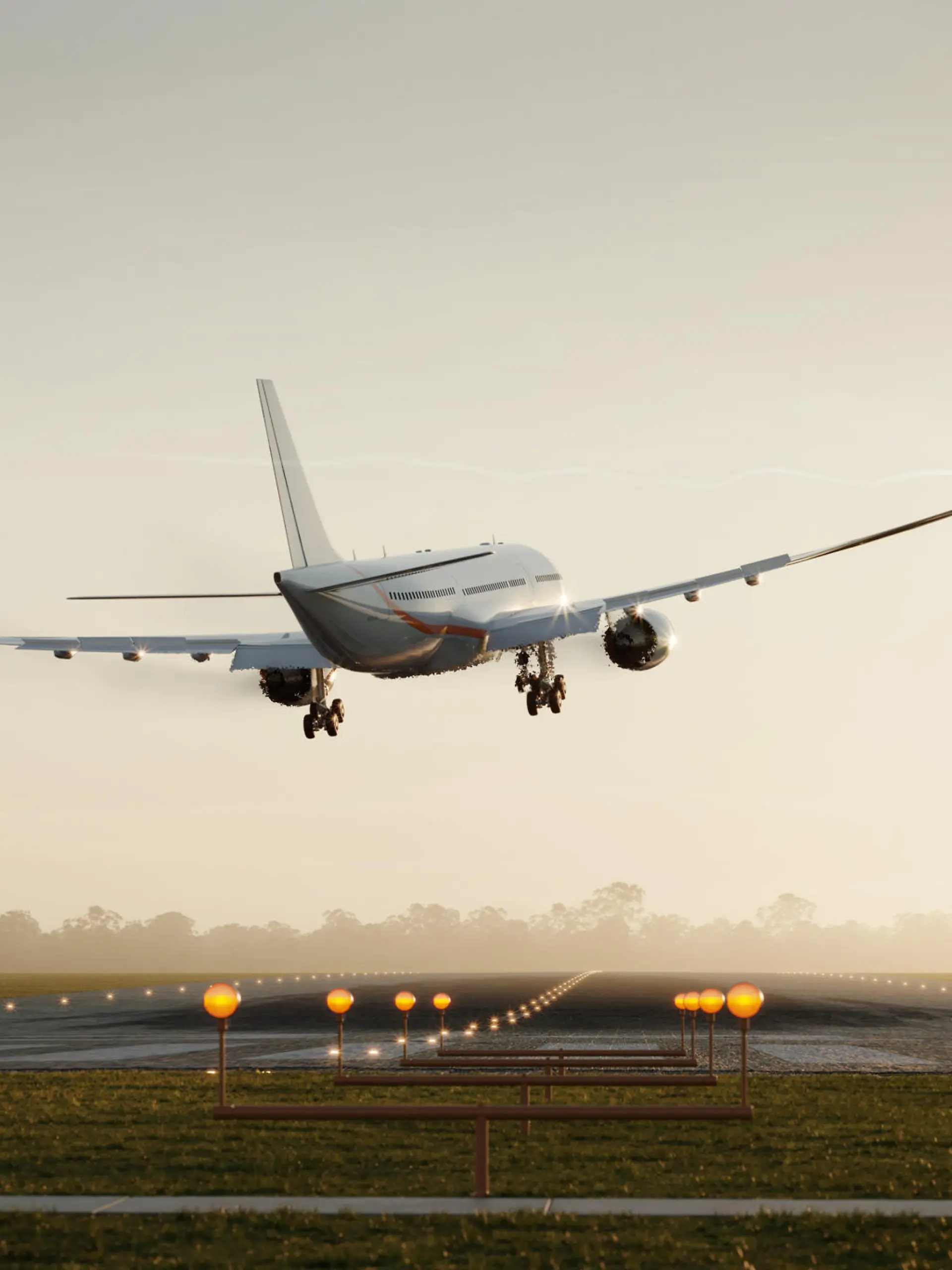 Computer generated image of a passenger airplane landing on airstip. Aircraft landing on runway in morning.