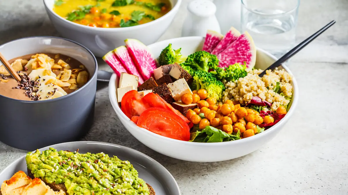 Vegan lunch table. Chocolate smoothie bowl, Buddha bowl with tofu, chickpeas and quinoa, lentil soup and toasts on a gray background.
