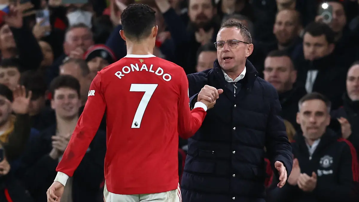 Manchester, England, 12th March 2022. Ralf Rangnick manager of Manchester United, ManU Ä substitutes Cristiano Ronaldo of Manchester United following his hat trick goal during the Premier League match at Old Trafford, Manchester. Picture credit should read: Darren Staples / Sportimage PUBLICATIONxNOTxINxUK SPI-1587-0064
