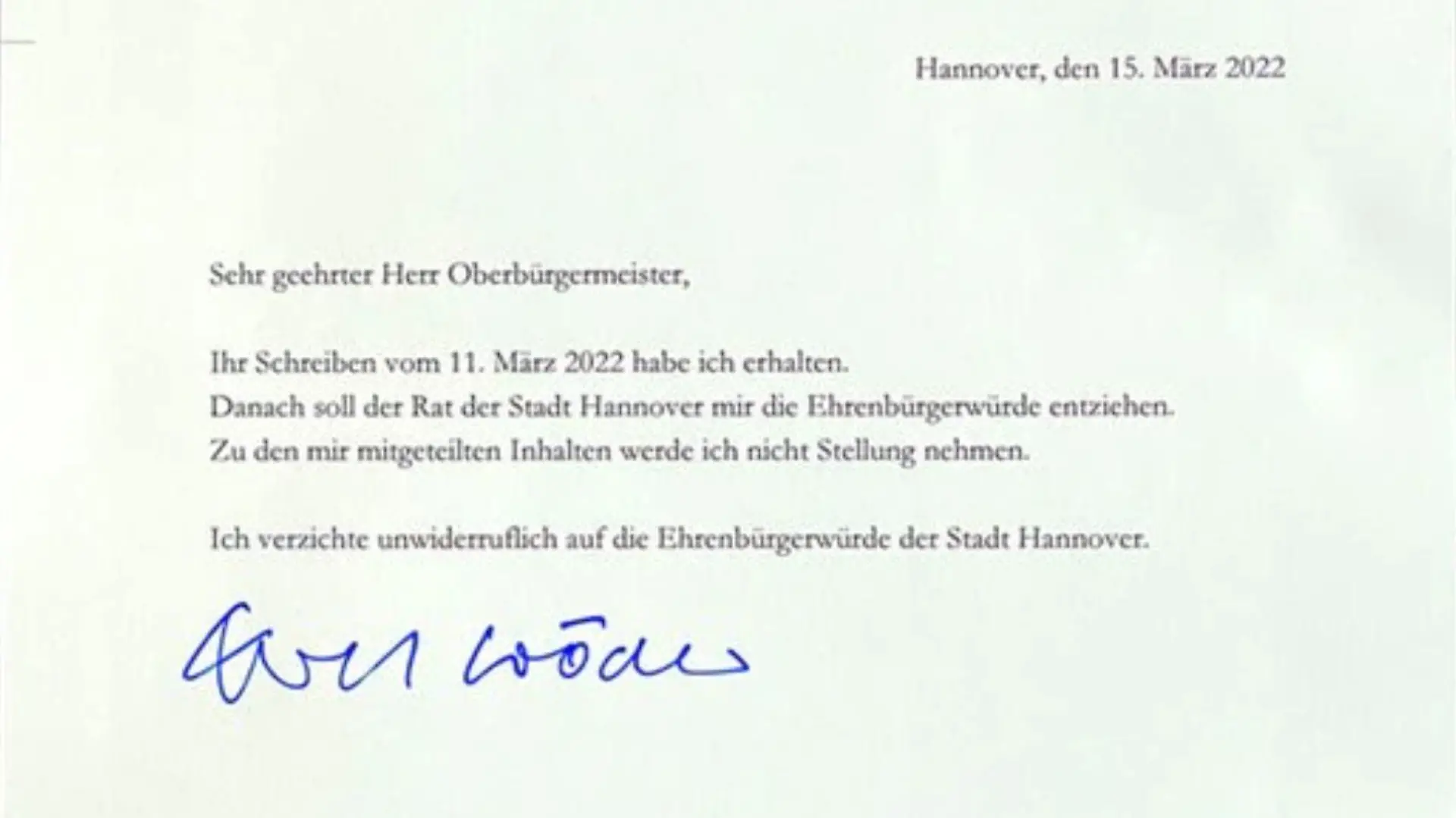 In diesem Brief zieht Ex-Kanzler Gerhard Schröder den Schluss-Strich: Er gibt die Ehrenbürgerwürde von Hannover zurück.