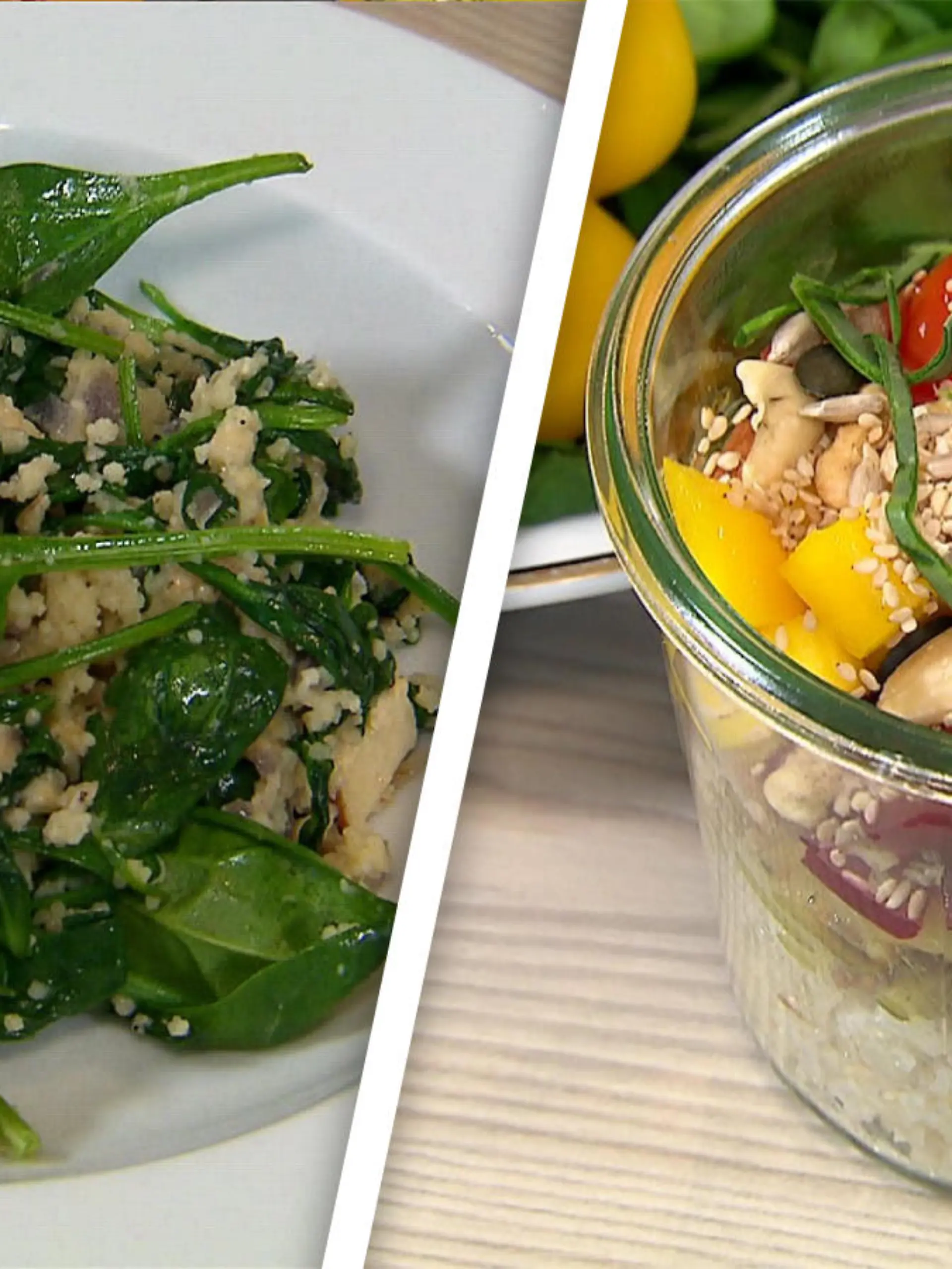 Couscous-Pfanne mit Spinat und Buddha Bowl