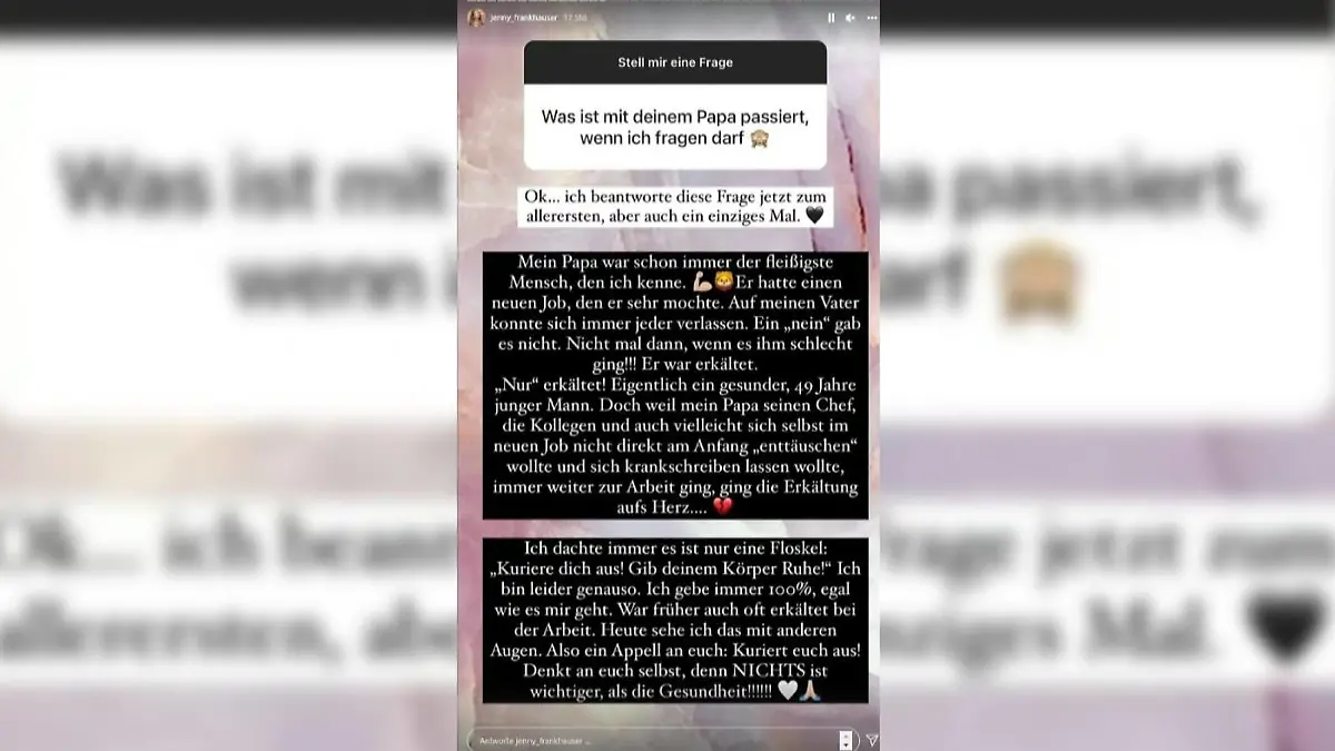 Jenny Frankhauser äußert sich erstmals zum Tod ihres Vaters.