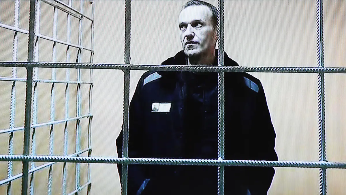 ARCHIV - 28.12.2021, Russland, Petushki: Alexej Nawalny, Oppositionspolitiker aus Russland, ist während einer Gerichtsverhandlung per Video aus einem Gefängnis zugeschaltet. (zu dpa «Kremlgegner Nawalny ruft Russen zu Protesten gegen Ukraine-Krieg auf») Foto: Evgeny Feldman/Meduza/AP/dpa +++ dpa-Bildfunk +++