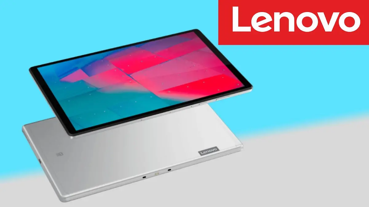 Lenovo Tab M10 Plus vor blauem Hintergrund mit Logo