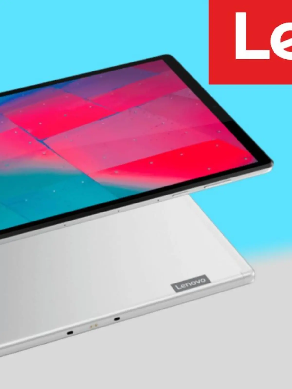 Lenovo Tab M10 Plus vor blauem Hintergrund mit Logo