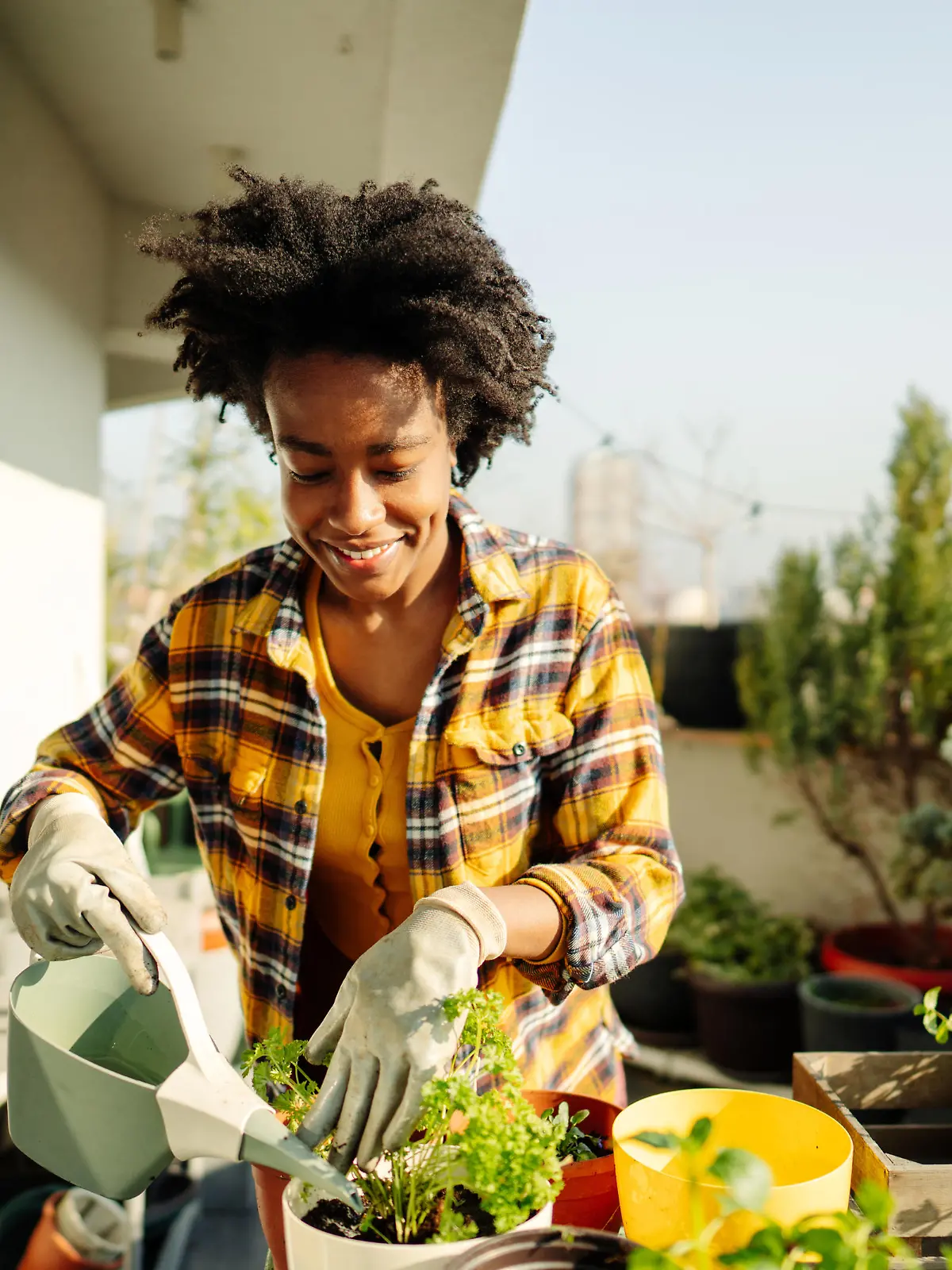 Photo of a young woman taking care of her rooftop garden, watering and transplanting different kinds of seedlings, on a bright, spring morning.