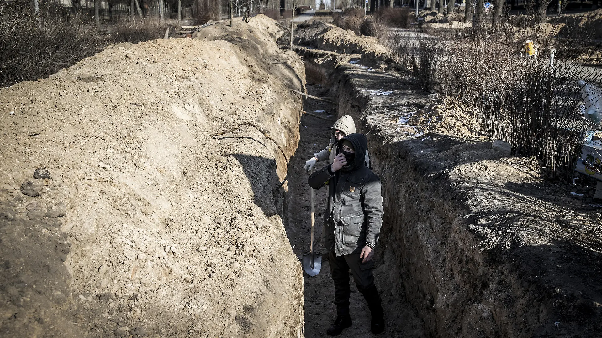 KYIV, UKRAINE - MARCH 10: Trenches are prepared by the side of the road as a precaution amid Russian attacks, in Kyiv, Ukraine on March 10, 2022. Emin Sansar / Anadolu Agency