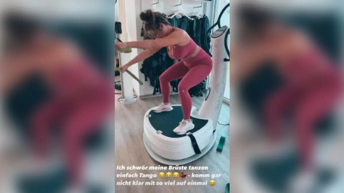Sarah Engels droht bei einer Übung die Balance zu verlieren. Der Grund: ihre größeren Still-Brüste.