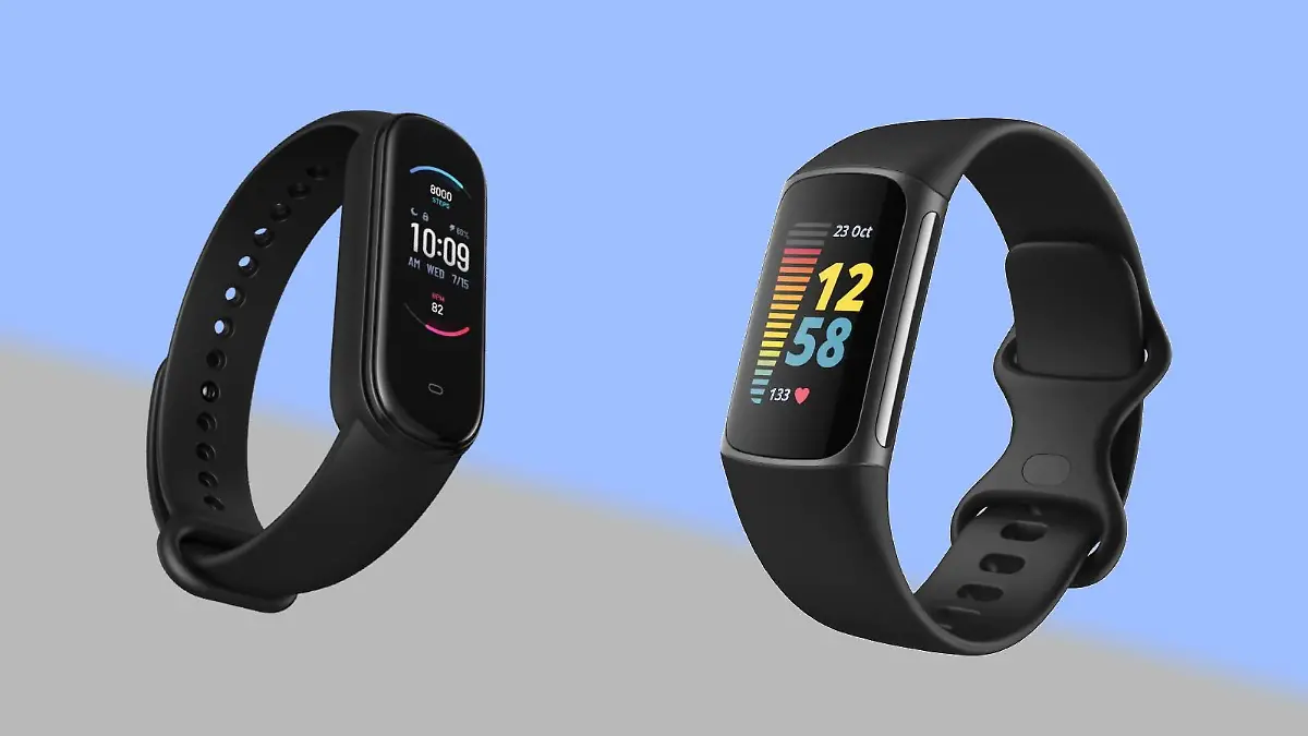 Fitbit Charge 5 und Amazfit Band 5 vor buntem Hintergrund.