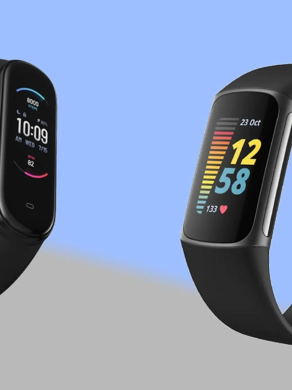 Fitbit Charge 5 und Amazfit Band 5 vor buntem Hintergrund.