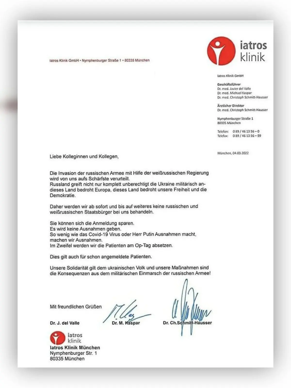 Dieser Brief einer Privatklinik aus München vom vergangenen Freitag (.04.03) sorgt für viel Kritik im Netz.