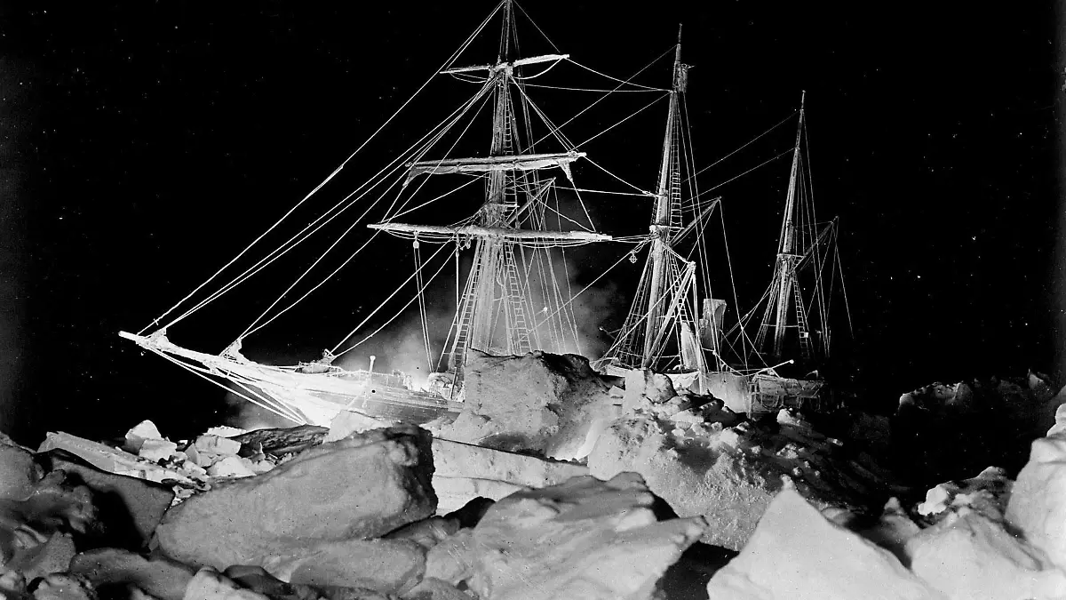 Sir Ernest Shackleton's ship, the 'Endurance' in the Weddel Sea, Antarctica. A winter flashlight photograph showing the huge blocks of ice which threatened to crush her. The ship finally sank on October 27th 1915 after two months of constant pressure from ice floes.