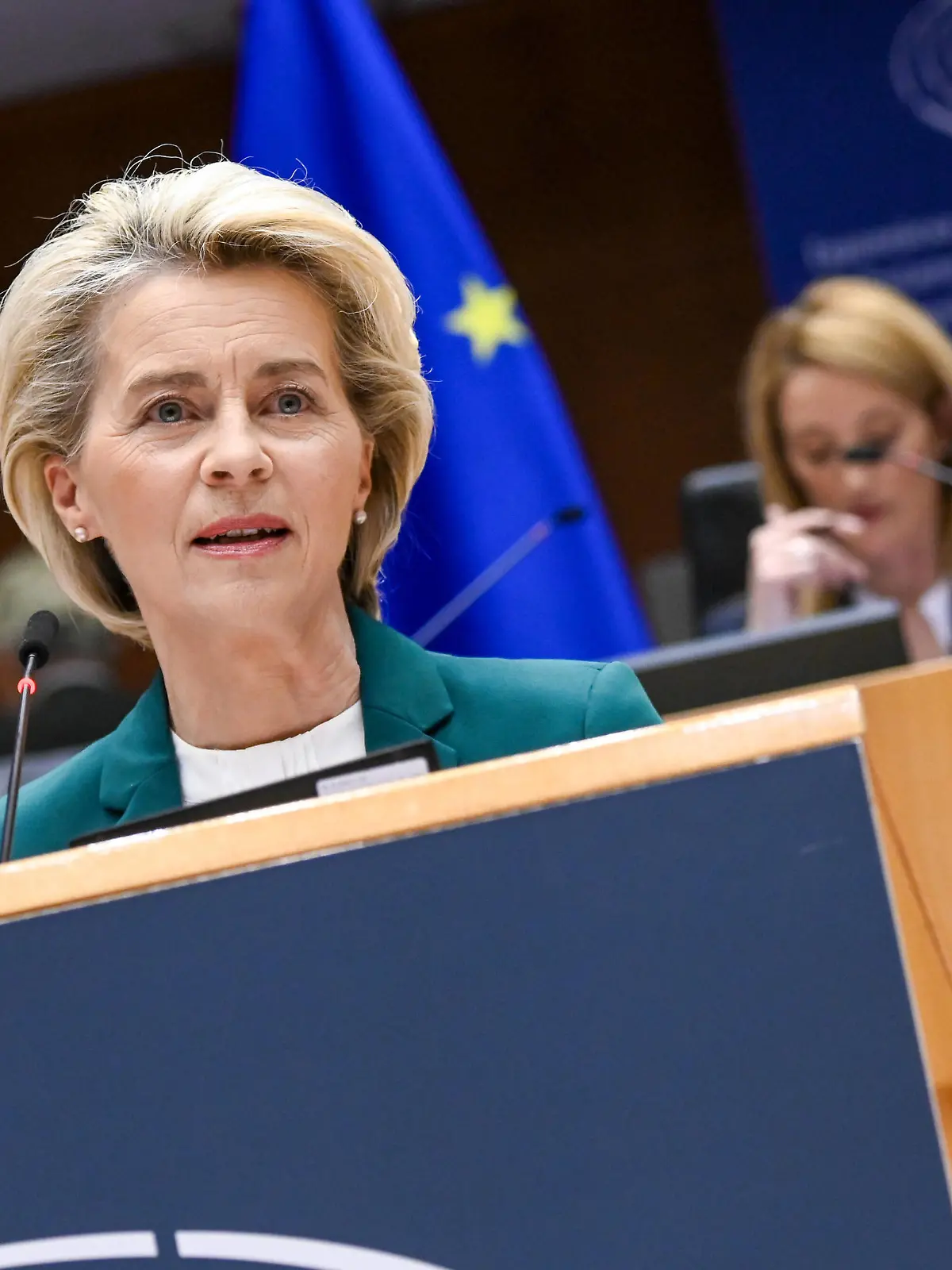  220302 -- BRUSSELS, March 2, 2022 -- European Commission President Ursula von der Leyen gives a speech at a European Parliament plenary in Brussels, Belgium, March 1, 2022. Conflict should end before Ukraine s application to join the EU is discussed, European Commission President Ursula von der Leyen said here on Tuesday. TO GO WITH EU leader says conflict must end before discussion for Ukraine s accession /Handout via Xinhua BELGIUM-BRUSSELS-EU-PARLIAMENT-UKRAINE EuropeanxUnion PUBLICATIONxNOTxINxCHN