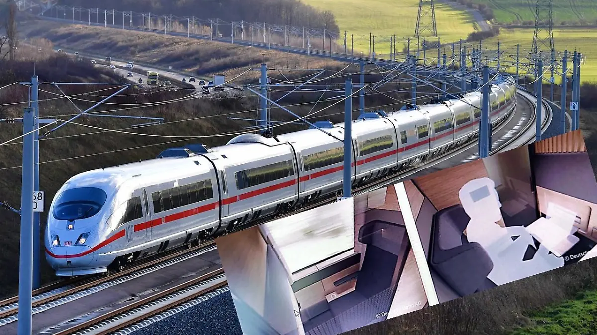 Ein ICE fährt durch die Landschaft. Die Fotocollage zeigt außerdem mögliche neue Einzelabteile in Waggons der Deutschen Bahn.