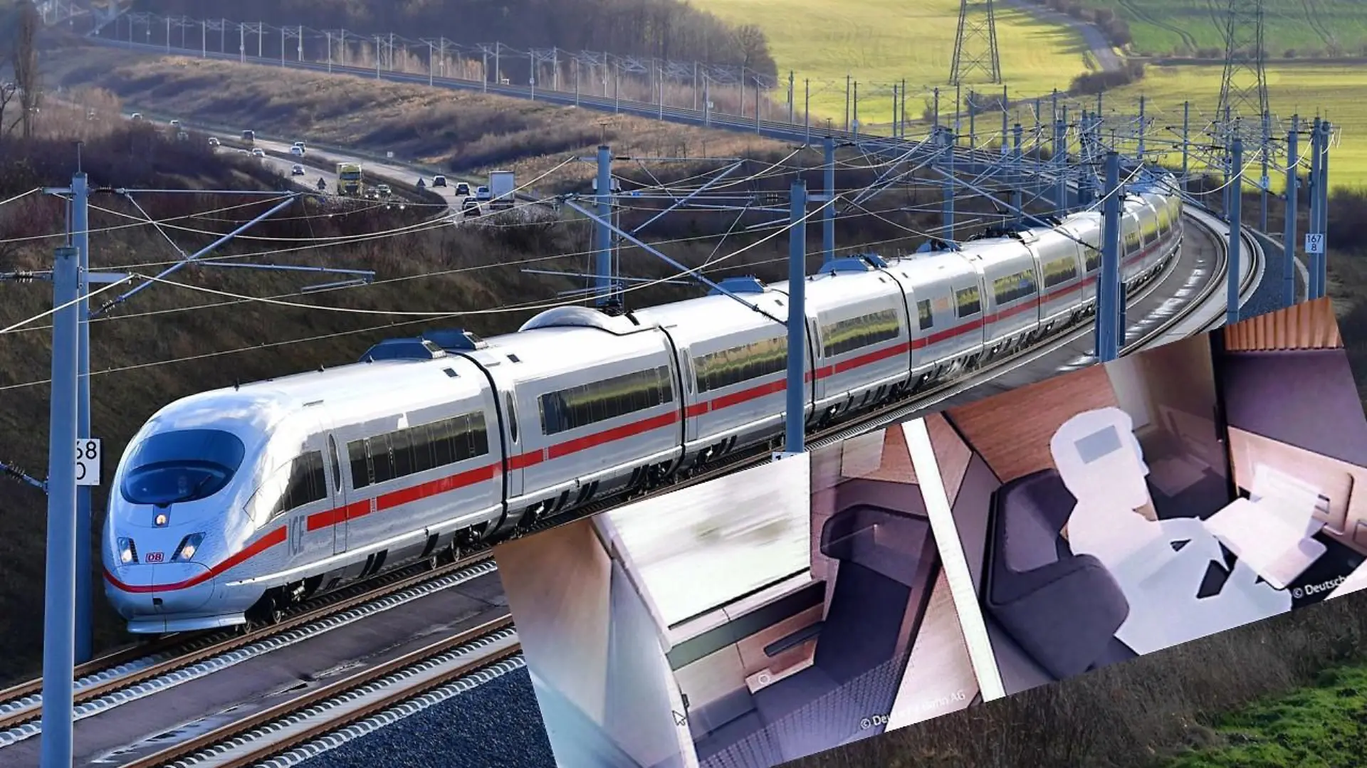 Ein ICE fährt durch die Landschaft. Die Fotocollage zeigt außerdem mögliche neue Einzelabteile in Waggons der Deutschen Bahn.