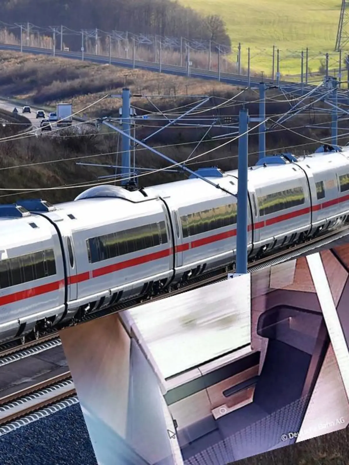 Ein ICE fährt durch die Landschaft. Die Fotocollage zeigt außerdem mögliche neue Einzelabteile in Waggons der Deutschen Bahn.