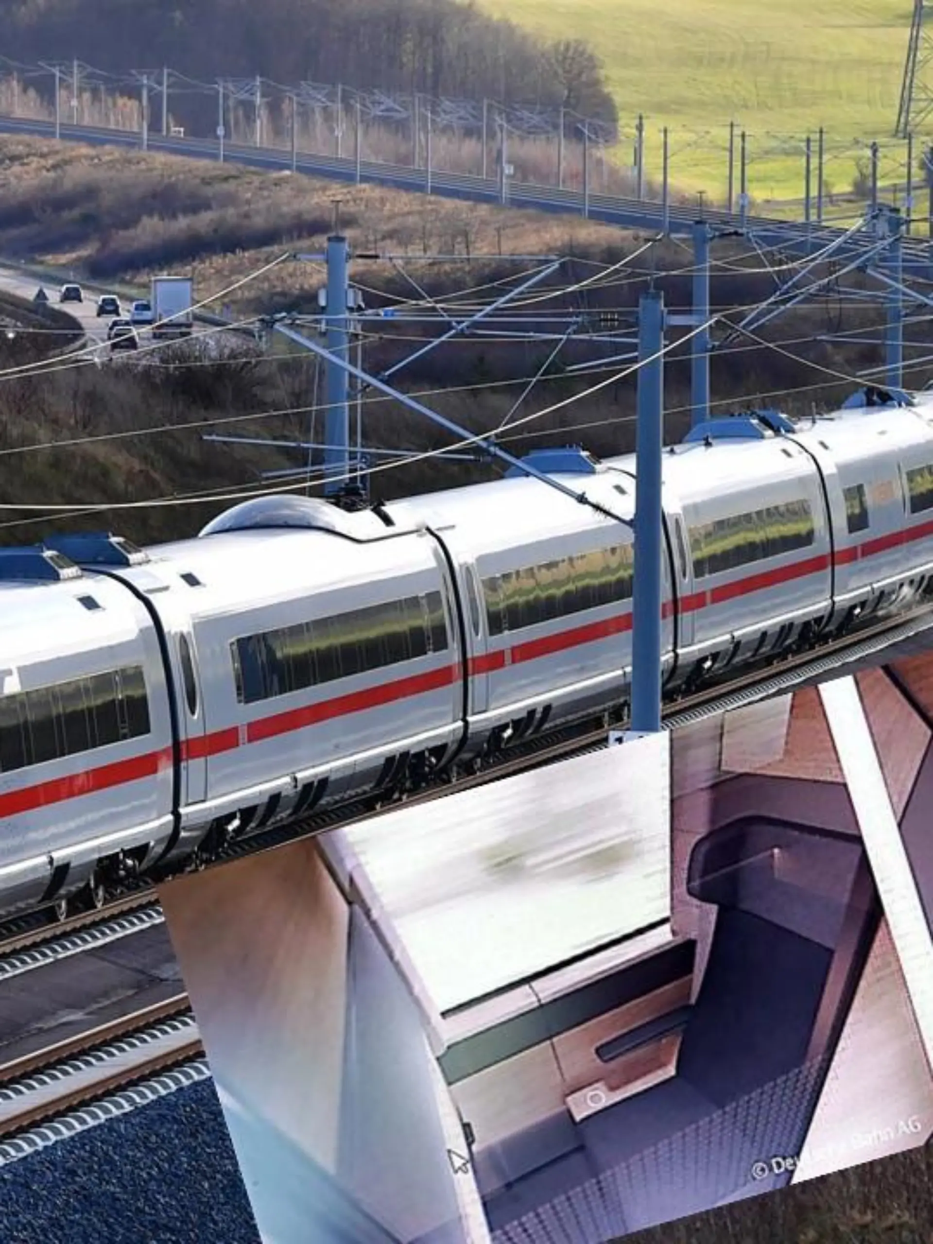 Ein ICE fährt durch die Landschaft. Die Fotocollage zeigt außerdem mögliche neue Einzelabteile in Waggons der Deutschen Bahn.