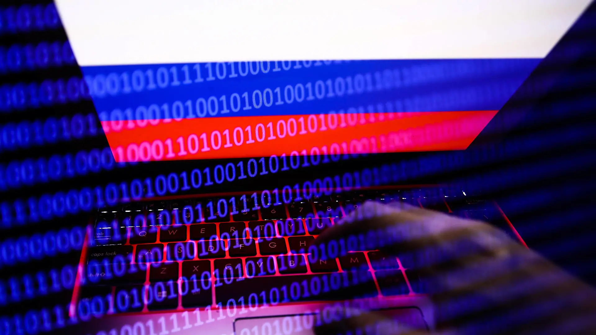 Russia, Ukraine And Internet Hacking Photo Illustrtions Russian flag displayed on a laptop screen and binary code code displayed on a screen are seen in this multiple exposure illustration photo taken in Krakow, Poland on February 16, 2022. Photo illustration by Jakub Porzycki/NurPhoto Krakow Poland PUBLICATIONxNOTxINxFRA Copyright: xJakubxPorzyckix originalFilename: porzycki-russiauk220216_np4U2.jpg