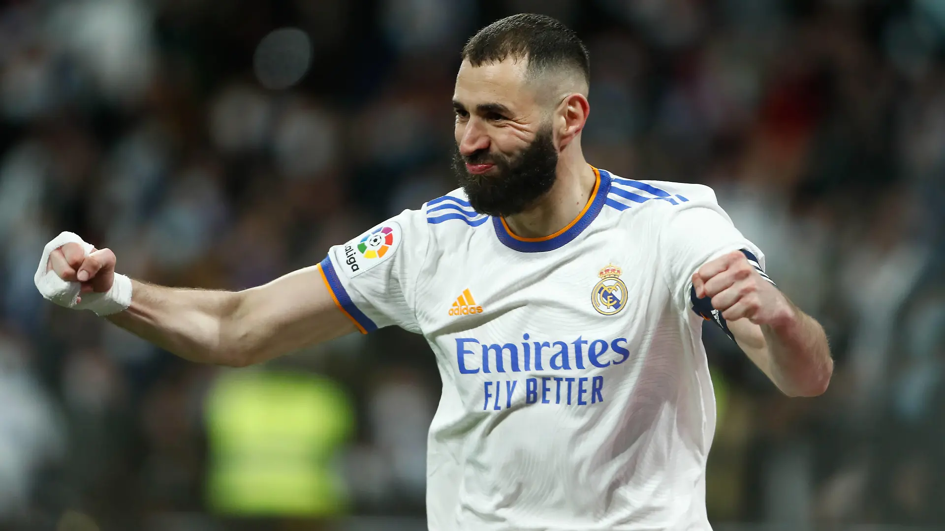 March 5, 2022, MADRID, MADRID, SPAIN: Karim Benzema of Real Madrid celebrates a goal during the spanish league, La Liga Santander, football match played between Real Madrid and Real Sociedad at Santiago Bernabeu stadium on March 05, 2022, in Madrid, Spain. MADRID SPAIN - ZUMAa181 20220305_zaa_a181_141 Copyright: xOscarxJ.xBarrosox