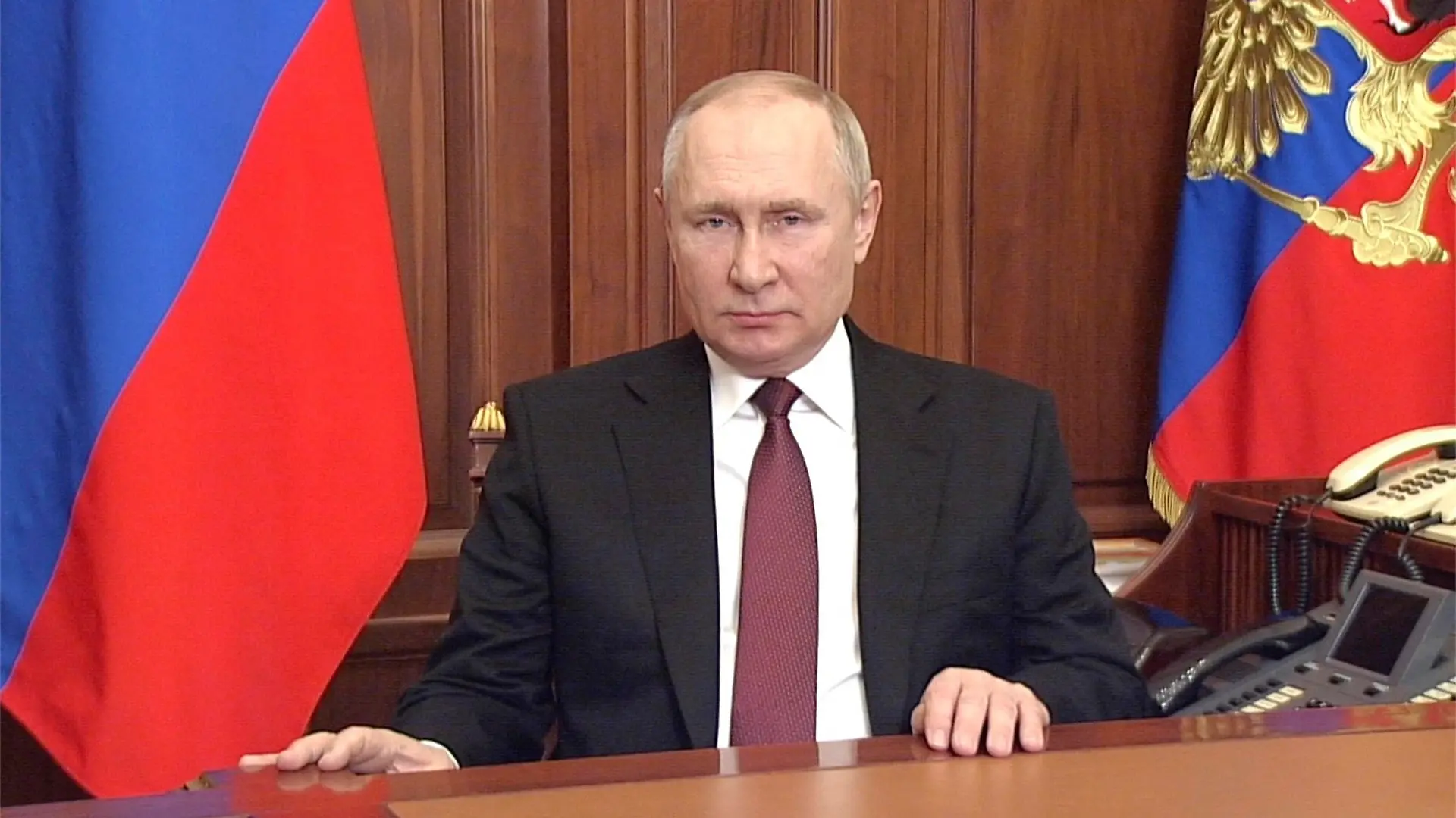 February 24, 2022, Moscow, Moscow Oblast, Russia: Russian President Vladimir Putin delivers an address to the Russian people announcing the invasion of Ukraine from the Kremlin, February 24, 2022 in Moscow, Russia. Moscow Russia - ZUMAp138 20220224_zaa_p138_001 Copyright: xKremlinxPool/KremlinxPoolx