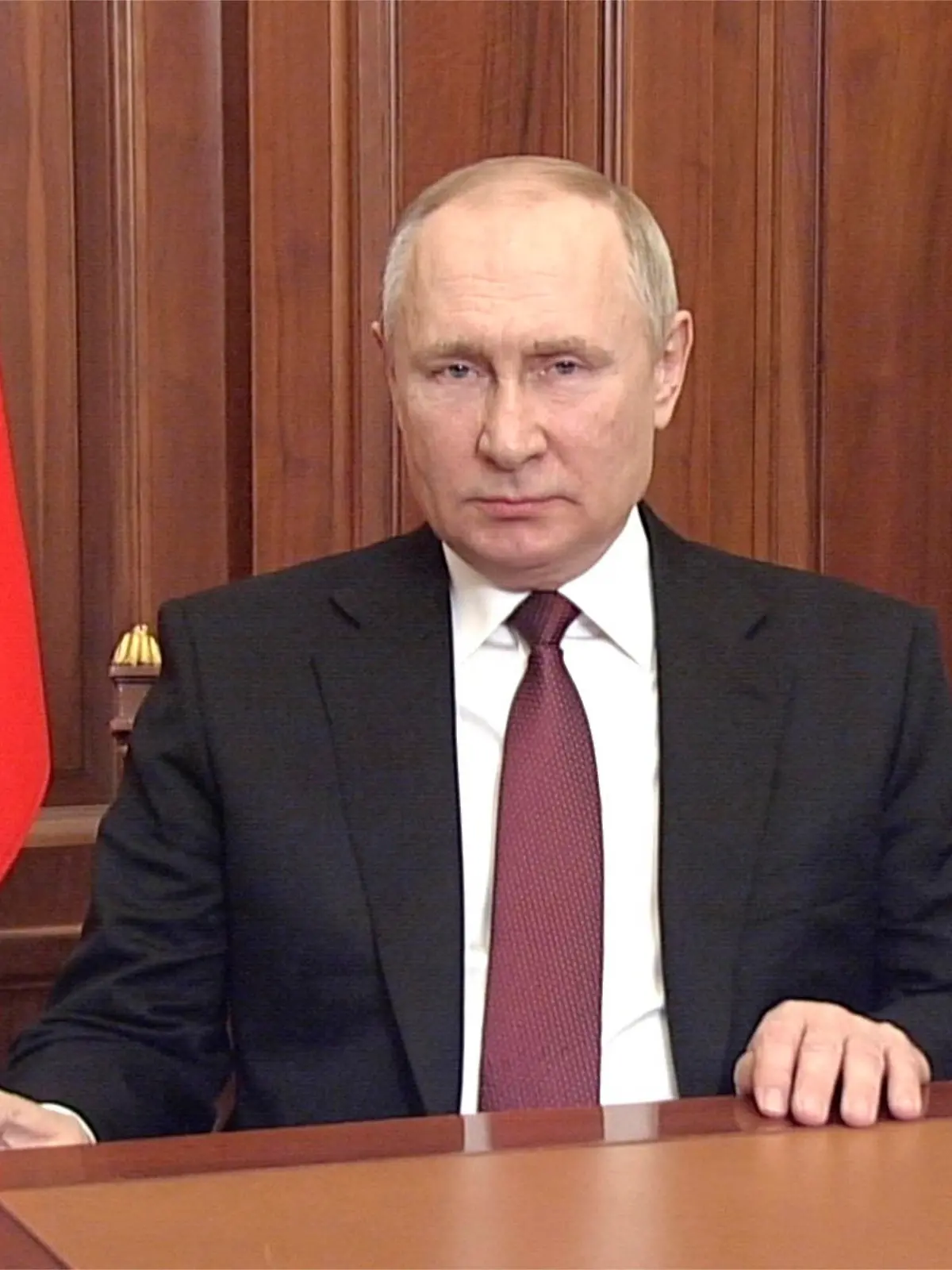  February 24, 2022, Moscow, Moscow Oblast, Russia: Russian President Vladimir Putin delivers an address to the Russian people announcing the invasion of Ukraine from the Kremlin, February 24, 2022 in Moscow, Russia. Moscow Russia - ZUMAp138 20220224_zaa_p138_001 Copyright: xKremlinxPool/KremlinxPoolx