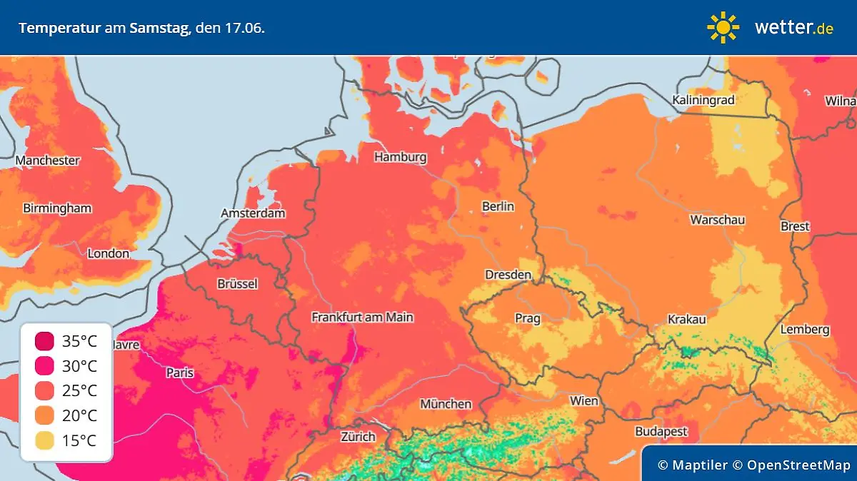 Die Grafik zeigt die Höchstwerte am Samstag, 17.06.2023, in Deutschland