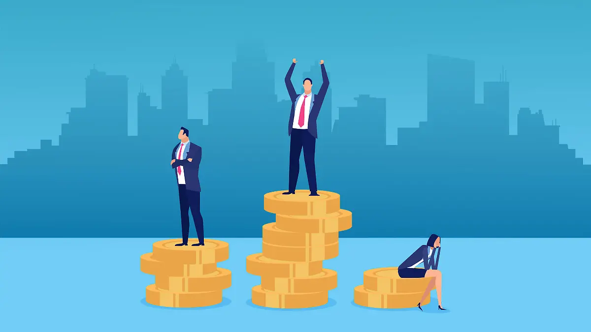 Employee pay difference and gender gap concept. Vector of a businesswoman being rewarded the least