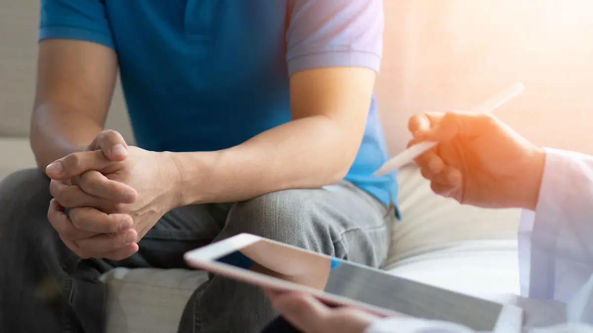 Men's health disease, on prostate cancer or mental illness concept with male patient having consultation with doctor or psychiatrist working on diagnostic examination in medical clinic or hospital