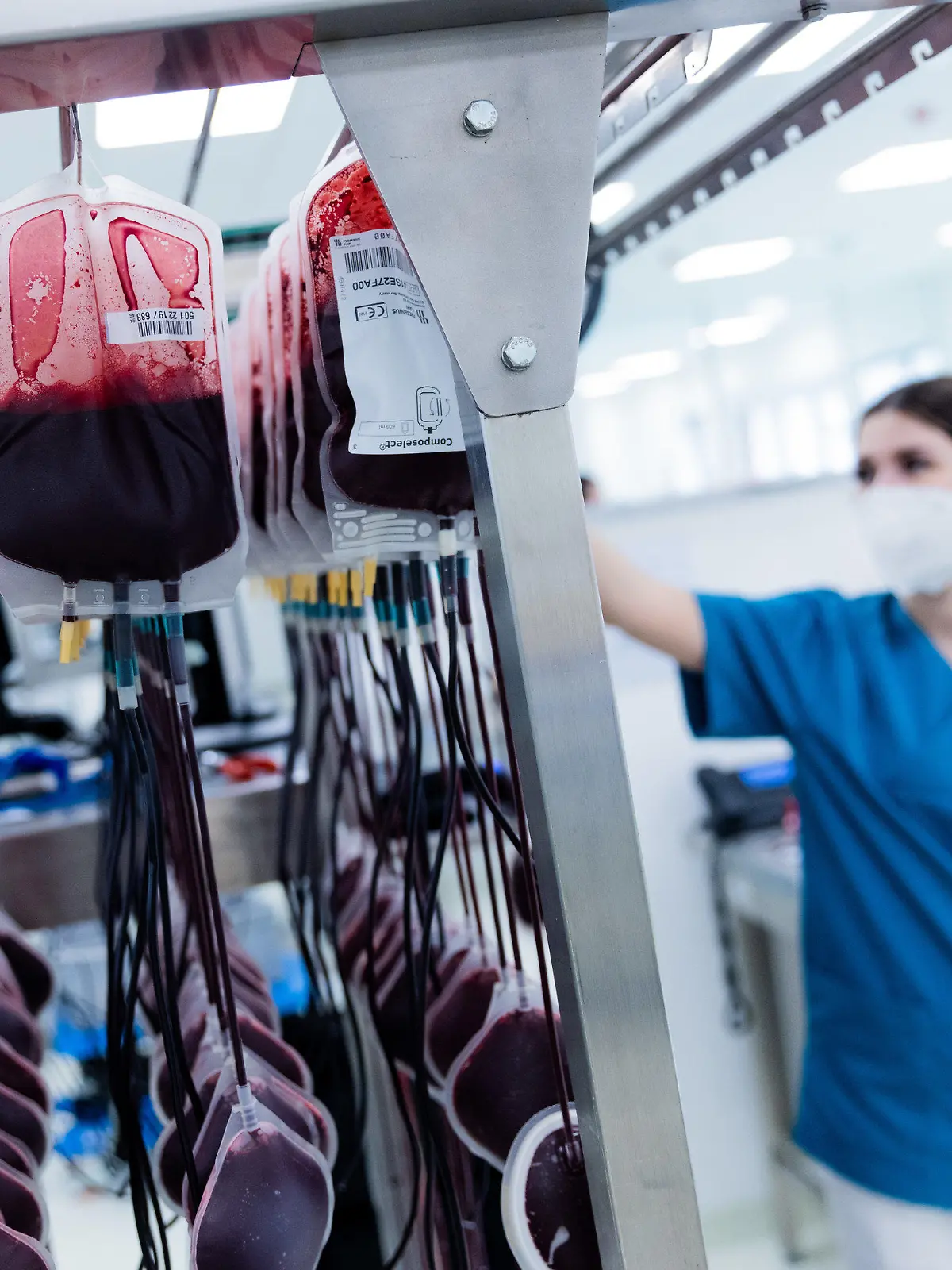 PRODUKTION - 15.02.2022, Nordrhein-Westfalen, Hagen: Blutkonserven werden im Zentrallabor des DRK-Blutspendedienstes für Krankenhäuser und Praxen gefiltert und aufbereitet. Im nordrhein-westfälischen Gelsenkirchen fand am 29. Februar 1952 der wohl bundesweit erste offizielle Blutspendetermin des Deutschen Roten Kreuzes statt. (Zu dpa: "Grubenunglück als Startsignal - 70 Jahre Blutspenden in Deutschland" - Wiederholung vom 22.02.2022) Foto: Rolf Vennenbernd/dpa +++ dpa-Bildfunk +++