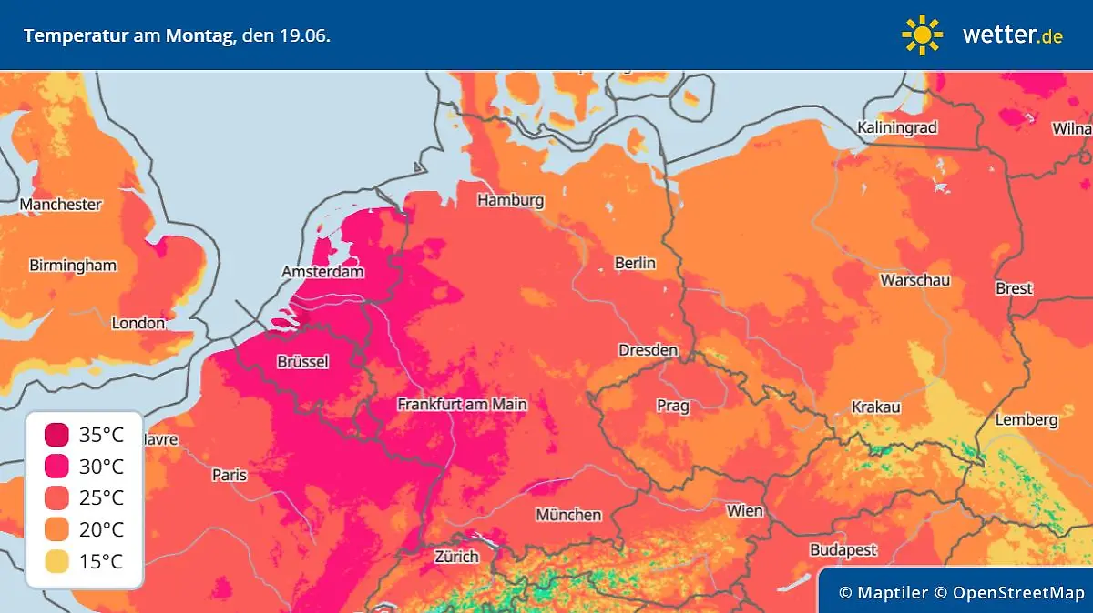 Die Grafik zeigt die Höchstwerte am Montag, 19.06.2023, für Deutschland