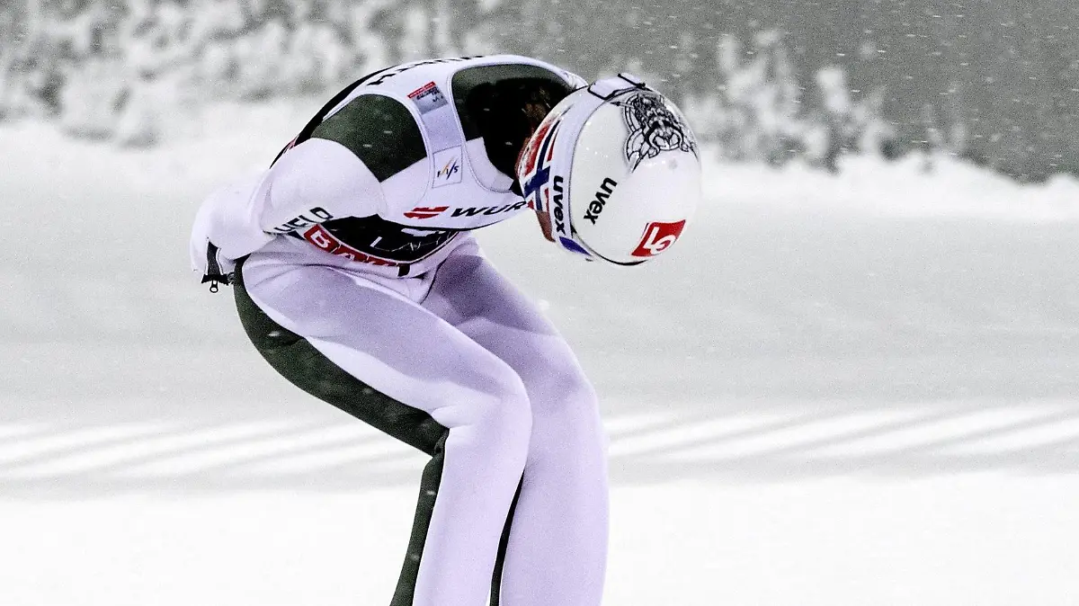 Daniel Andre Tande of Norway reacts during the men's Ski Jumping HS130 event at the FIS Nordic World Cup Lahti Ski Games in Lahti, Finland, on February 25, 2022. LEHTIKUVA / RONI REKOMAA - FINLAND OUT. NO THIRD PARTY SALES.