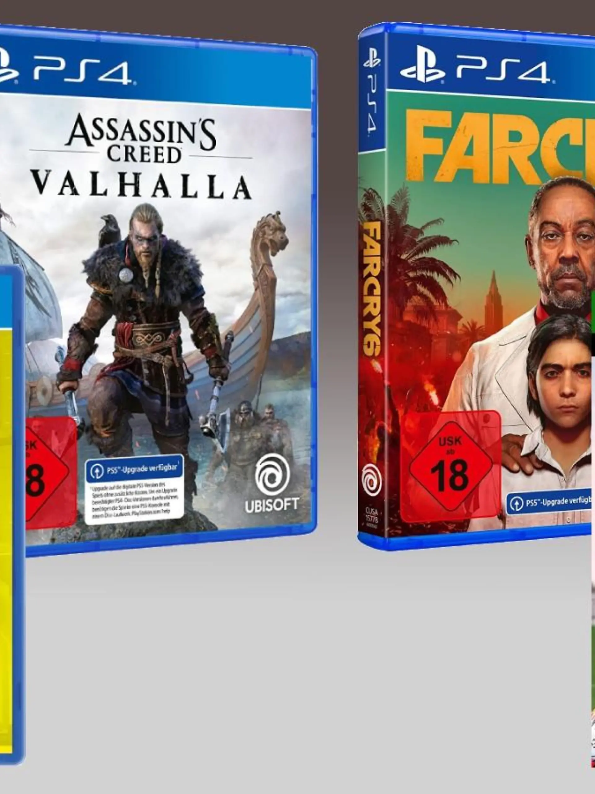 Farcry, Fifa, Assassins Creed und Cyberpunk-Spielecover vor einem grauen Hintergrund.