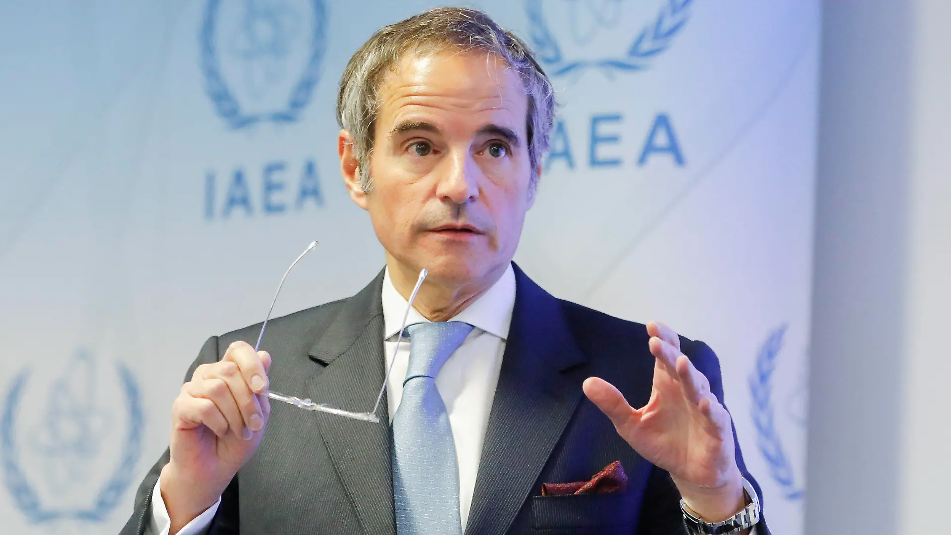 IAEA Director General Rafael Mariano Grossi speaks at a press conference about the situation at the Zaporizhzhia Nuclear Power Plant in Ukraine in Vienna, Austria, Friday, March 4, 2022. (AP Photo/Lisa Leutner)