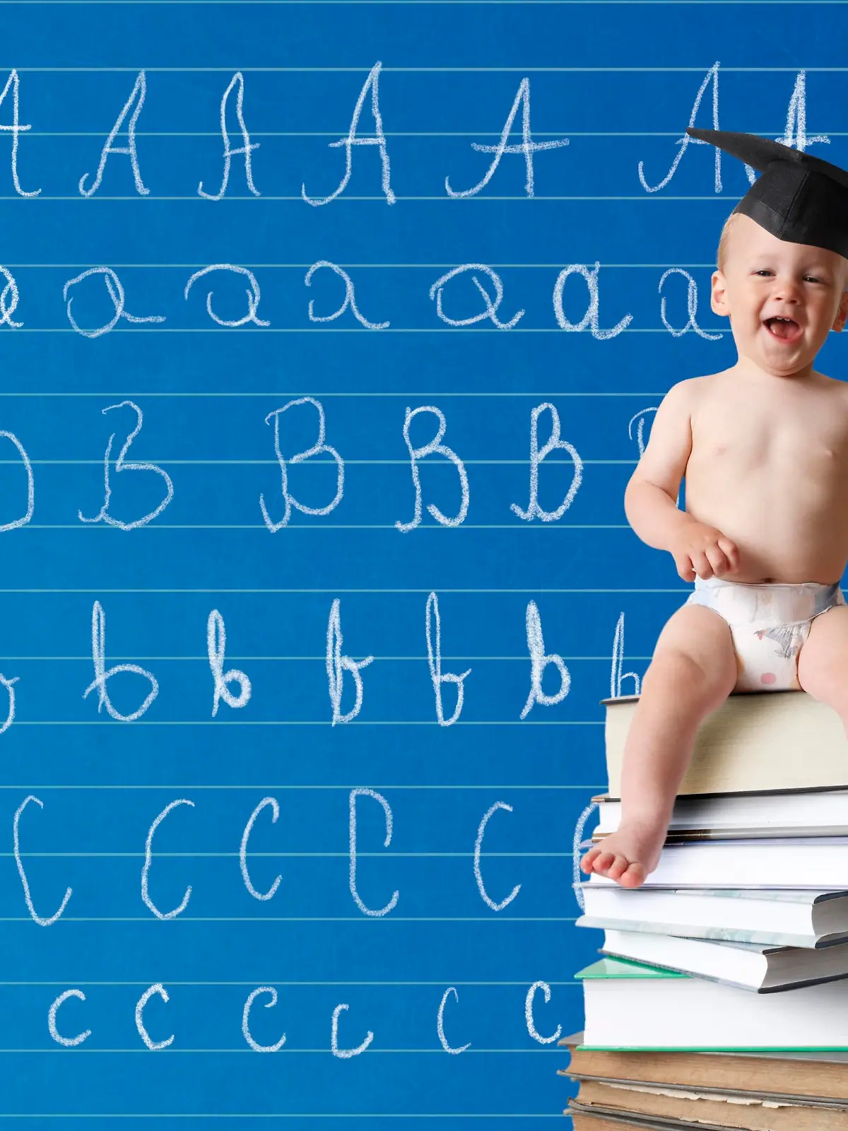 Kleinkind mit Doktorhut sitzt auf Bücherstapel vor Schultafel mit ABC || Modellfreigabe vorhanden