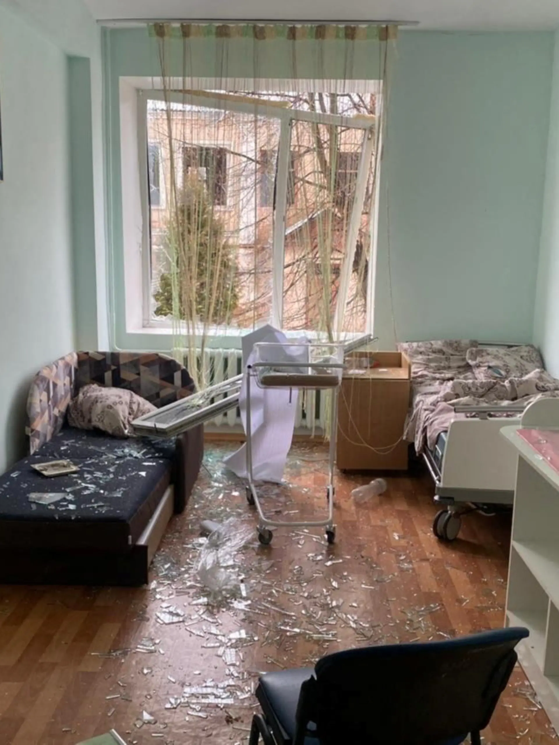 A view shows a damaged ward at a regional perinatal center, as Russia's invasion of Ukraine continues, in the city of Zhytomyr, Ukraine, in this handout picture released March 02, 2022. Press service of the Ukrainian State Emergency Service/Handout via REUTERS ATTENTION EDITORS - THIS IMAGE HAS BEEN SUPPLIED BY A THIRD PARTY.