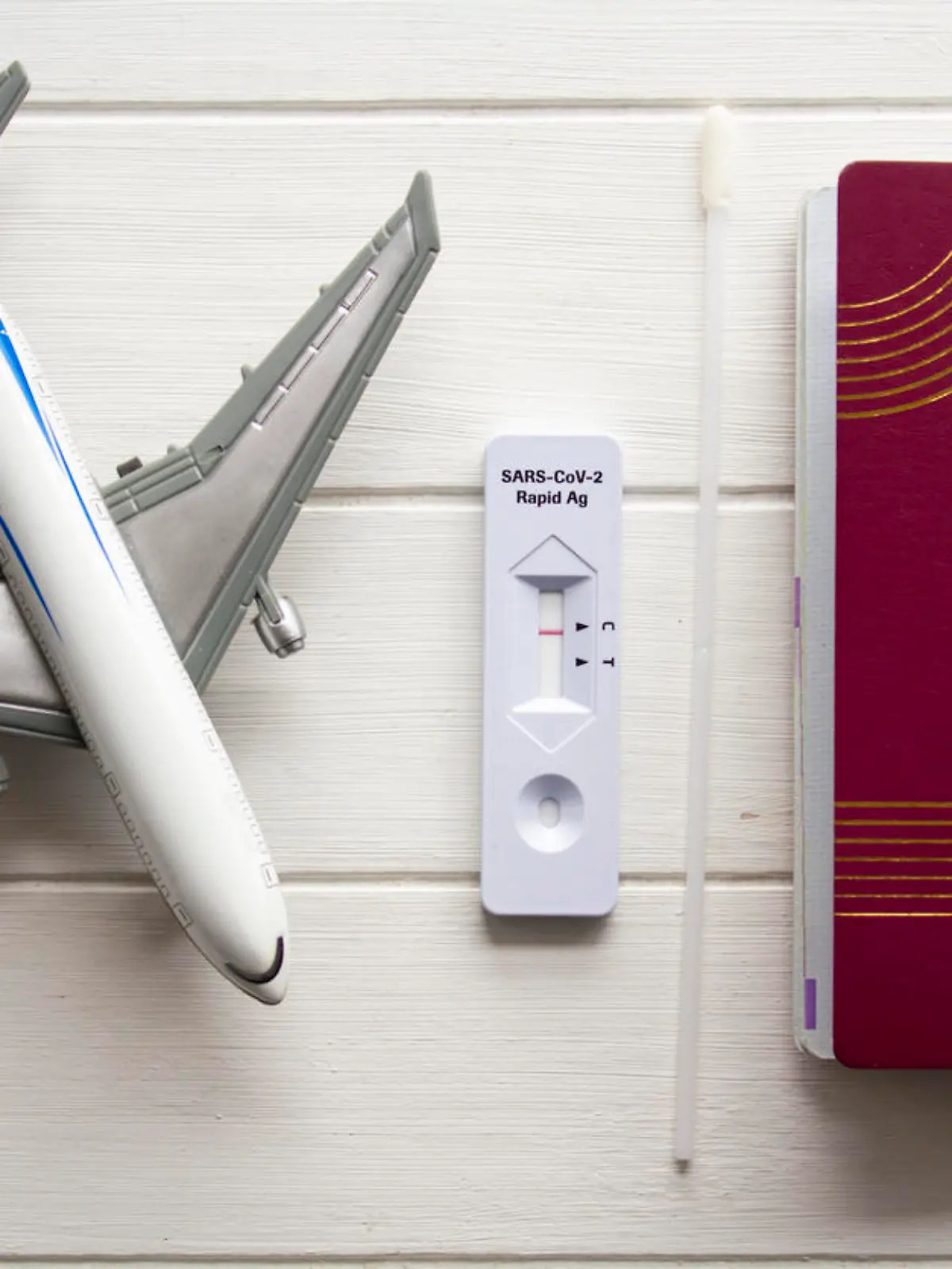 Passport, COVID-19 negative test and airplane. Travel during COVID-19 pandemic concept
