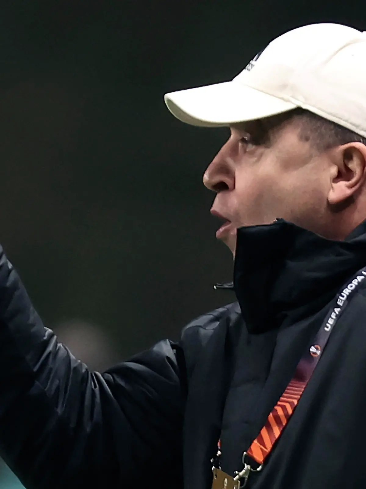 Sheriff's head coach Yuriy Vernydub reacts during the Europa League playoff, second leg, soccer match between SC Braga and Sheriff Tiraspol at the Municipal stadium in Braga, Portugal, Thursday, Feb. 24, 2022. (AP Photo/Luis Vieira)