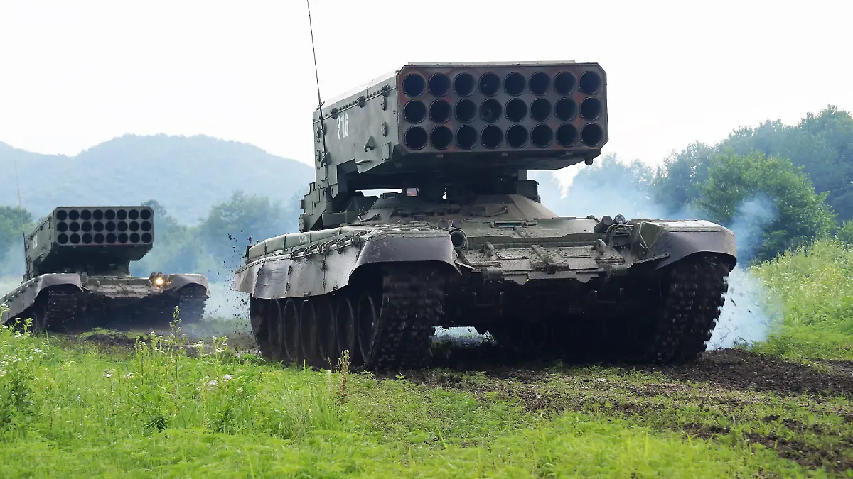 NORTH OSSETIA, RUSSIA - JUNE 17, 2019: BM-1 combat vehicles take part in live firing exercises for TOS-1A Solntsepyok heavy flamethrower units of the Southern Military District at Tarskoye firing range. Olga Smolskaya/TASS
