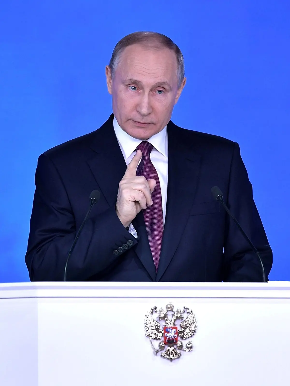March 1, 2018 - Moscow, Russia - Russian President Vladimir Putin delivers the annual address to the Federal Assembly televised live to the nation March 1, 2018 in Moscow, Russia. Putin delivered an aggressive speech declaring Russia had developed invincible nuclear missiles
