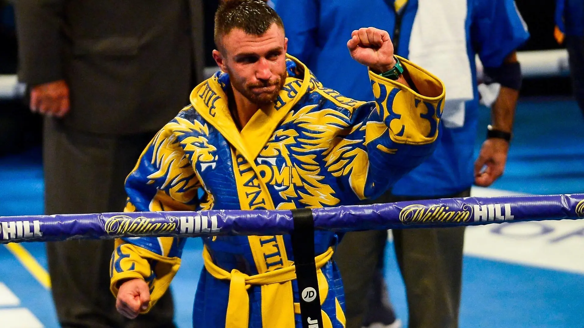 Mandatory Credit: Photo by Ian Tuttle/BPI/Shutterstock 10376343ai Vasiliy Lomachenko celebrates winning his WBC, WBO, WBA & Ring Magazine World Lightweight Championship fight against Luke Campbell Vasiliy Lomachenko vs Luke Campbell, Boxing, O2 Arena, London, UK - 31 Aug 2019 Vasiliy Lomachenko vs Luke Campbell, Boxing, O2 Arena, London, UK - 31 Aug 2019 PUBLICATIONxINxGERxSUIxAUTXHUNxGRExMLTxCYPxROMxBULxUAExKSAxONLY Copyright: xIanxTuttle/BPI/Shutterstockx 10376343ai