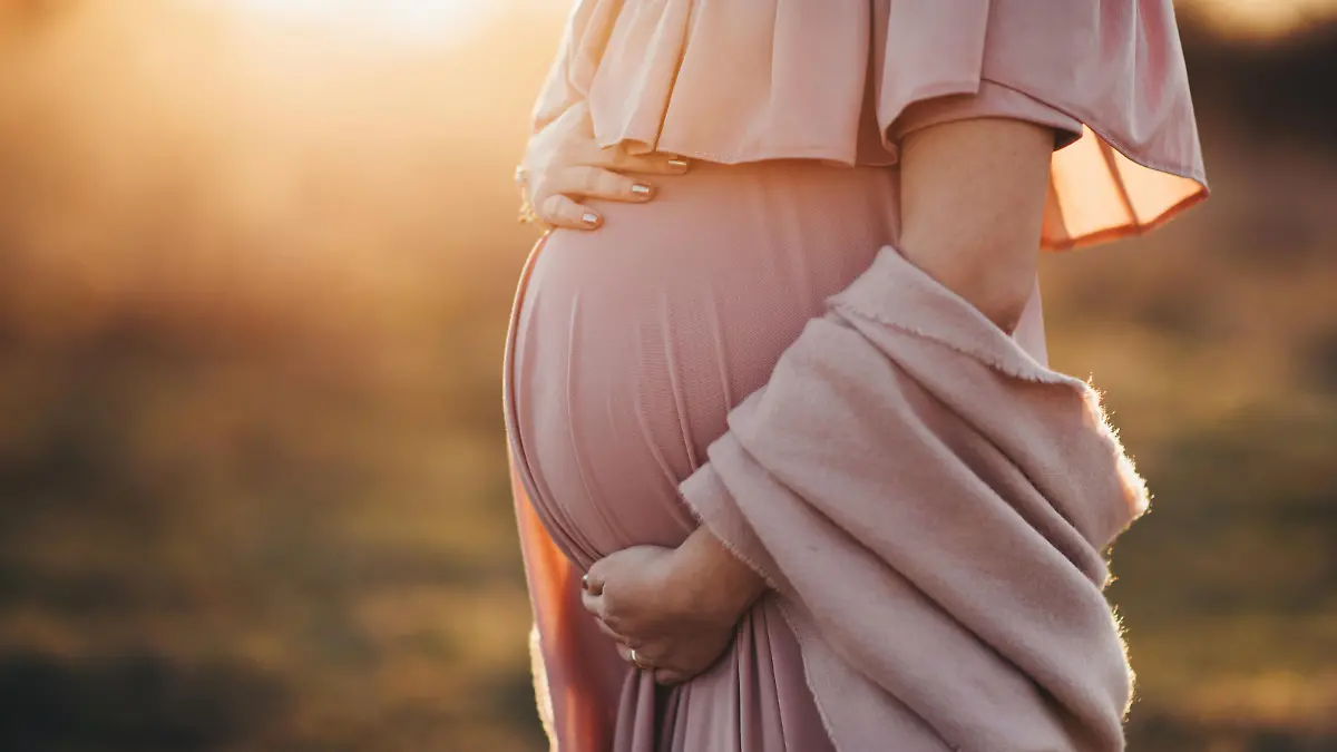 pregnant woman in a dusty pink dress, sunset photoshoot
