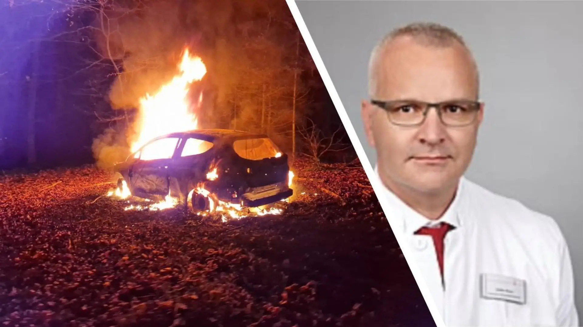Der Ford Fiesta von Steffen Braun (links) steht brennend in einem Wald. Von dem Arzt fehlte seit dem 30. Dezember 2022 jede Spur. Im Juni 2023 wurde seine Leiche gefunden
