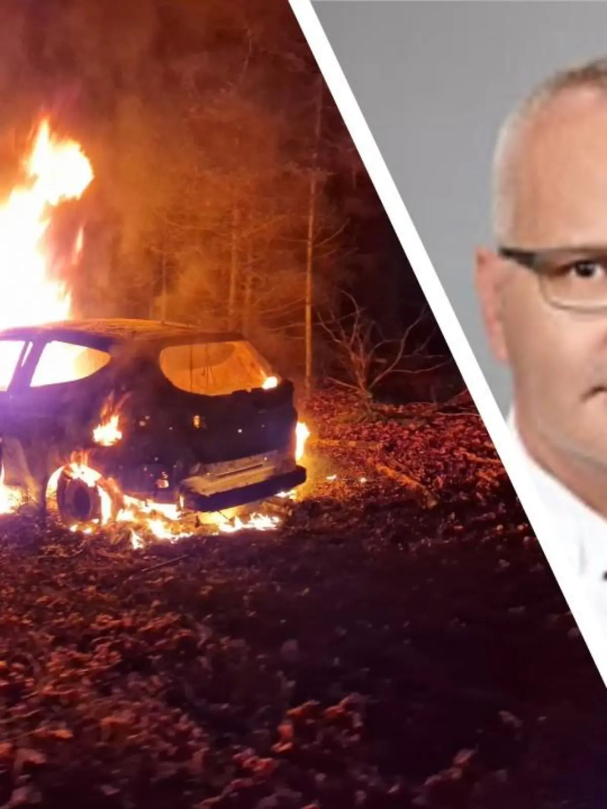 Der Ford Fiesta von Steffen Braun (links) steht brennend in einem Wald. Von dem Arzt fehlte seit dem 30. Dezember 2022 jede Spur. Im Juni 2023 wurde seine Leiche gefunden