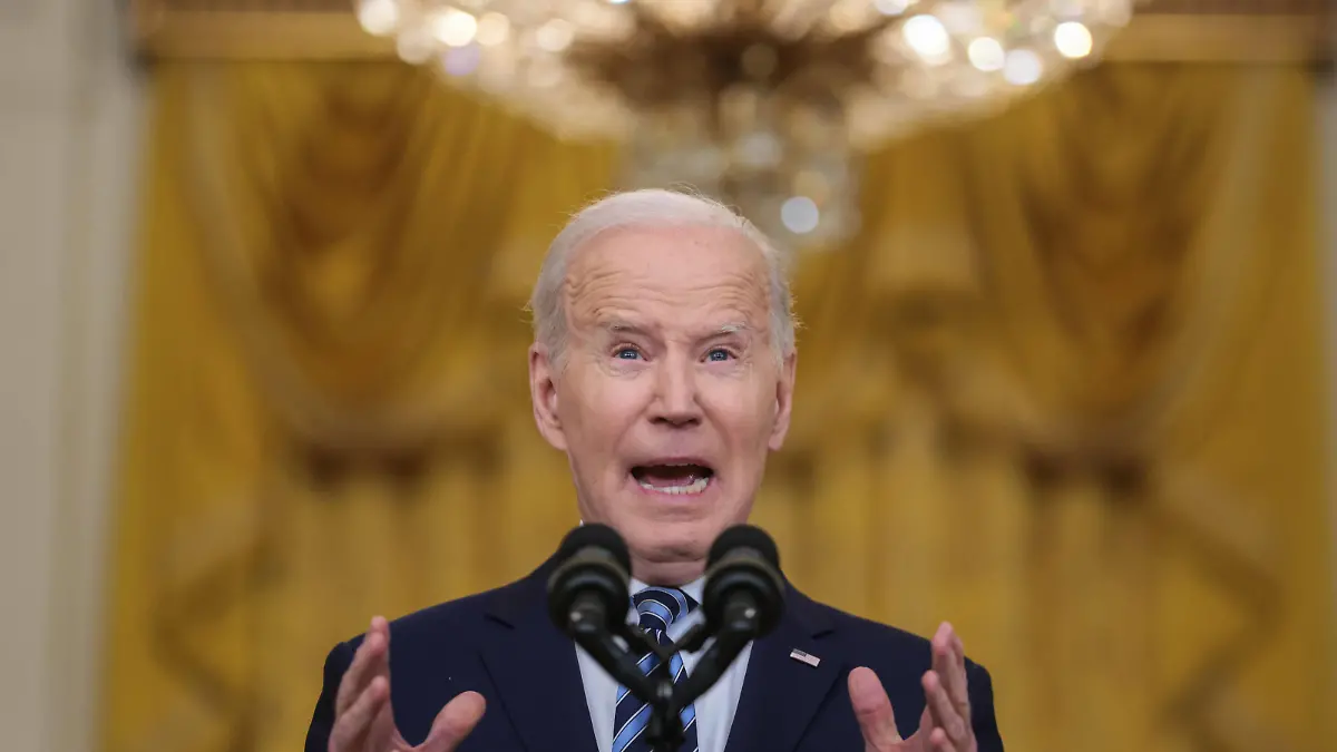 President Joe Biden delivers a statement on Russia and Ukraine in the East Room of the White House in Washington, DC on Thursday, February 24, 2022. The Biden administration called Russia s attack on the Ukraine unprovoked and unjustified and announced new sanctions against Russia. PUBLICATIONxINxGERxSUIxAUTxHUNxONLY WASP2022022403 OliverxContreras