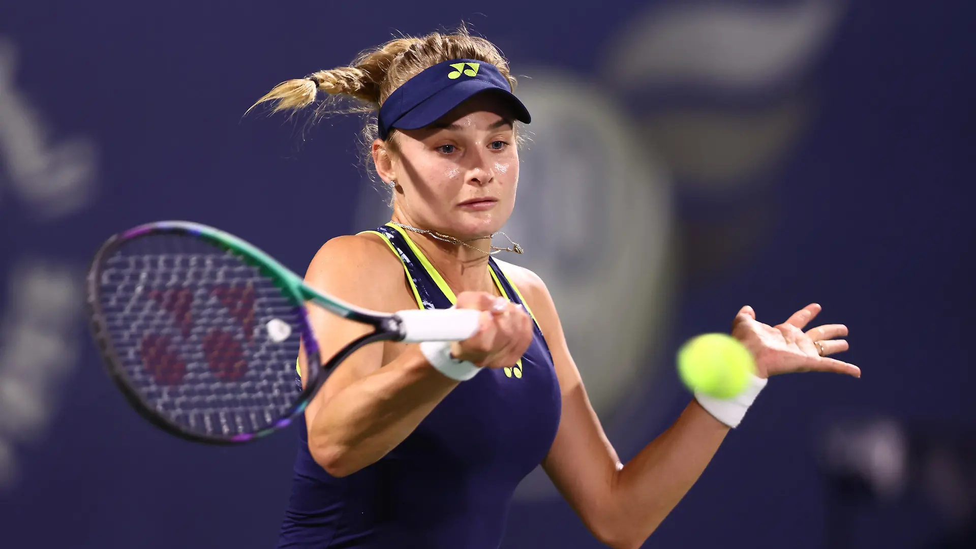 DUBAI, UNITED ARAB EMIRATES - FEBRUARY 17: Dayana Yastremska of Ukraine in her Women's quarter-final match during day four of the Dubai Duty Free Tennis at Dubai Duty Free Tennis Stadium on February 17, 2022 in Dubai, United Arab Emirates. (Photo by Francois Nel/Getty Images)